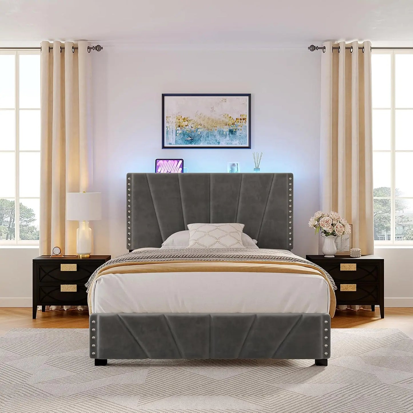 Queen Bed Frame With Velvet Headboard And LED Lights