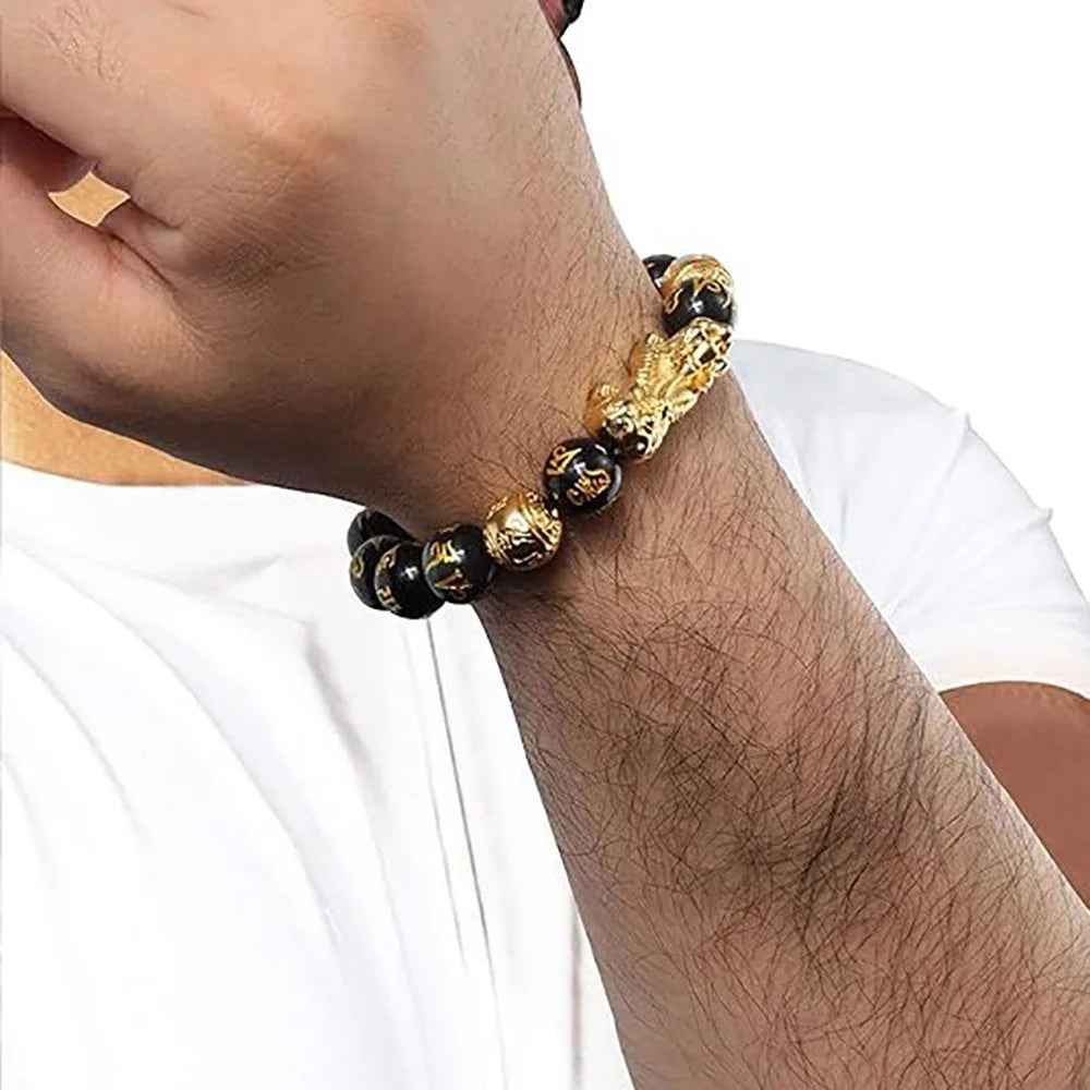 Feng Shui Wealth & Luck Black Bead Bracelet with Gold-Tone Accents