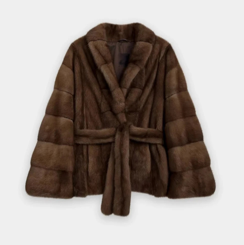 Women's Faux Mink Fur Jacket. Belted Short Winter Coat with Stand Collar