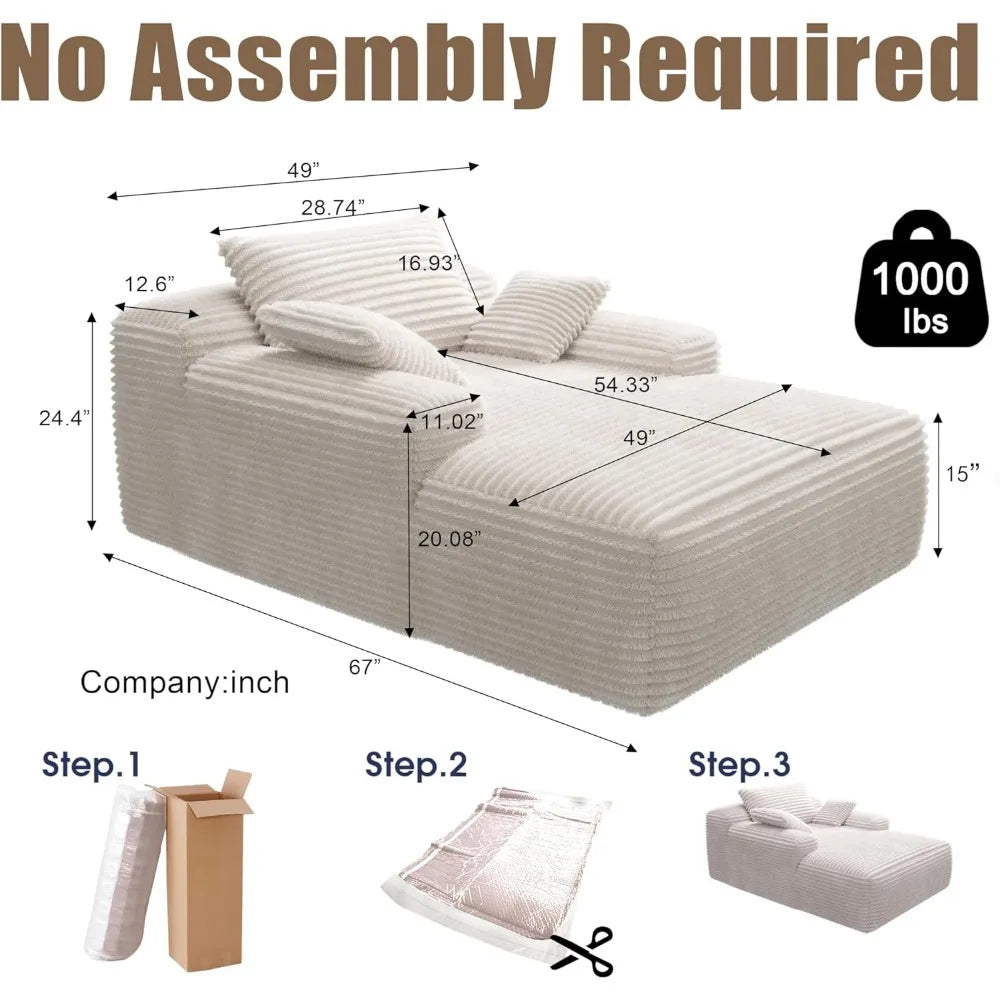 Boneless Couch Deep Seat with 3 Pillows,67" Oversized Chaise Lounge Recliner Chair,Cloud Plush Corduroy Comfy Memory Foam Cream