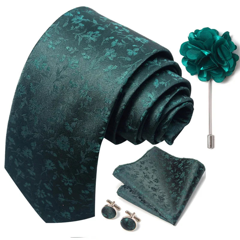 Luxury Green Floral Men’s Necktie Set .Tie, Pocket Square & Cufflinks