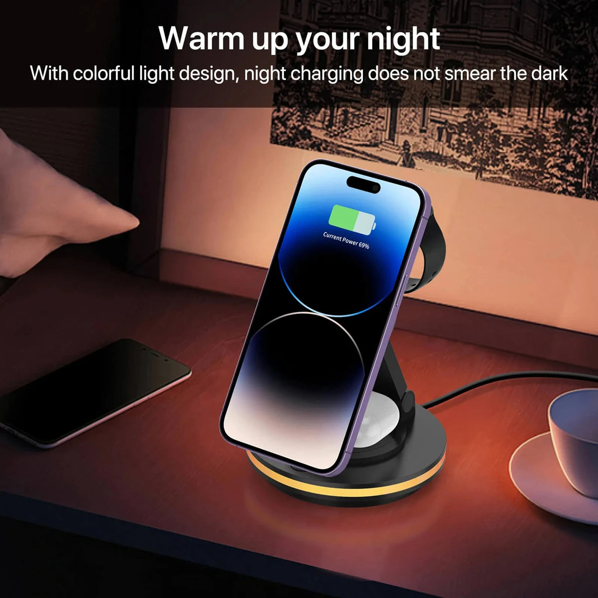 4 in 1 Wireless Charging Station For iPhone 16 15 14 13 12 For MagSafe Magnetic Charger Rotatable Holder Dock With Ambient Light