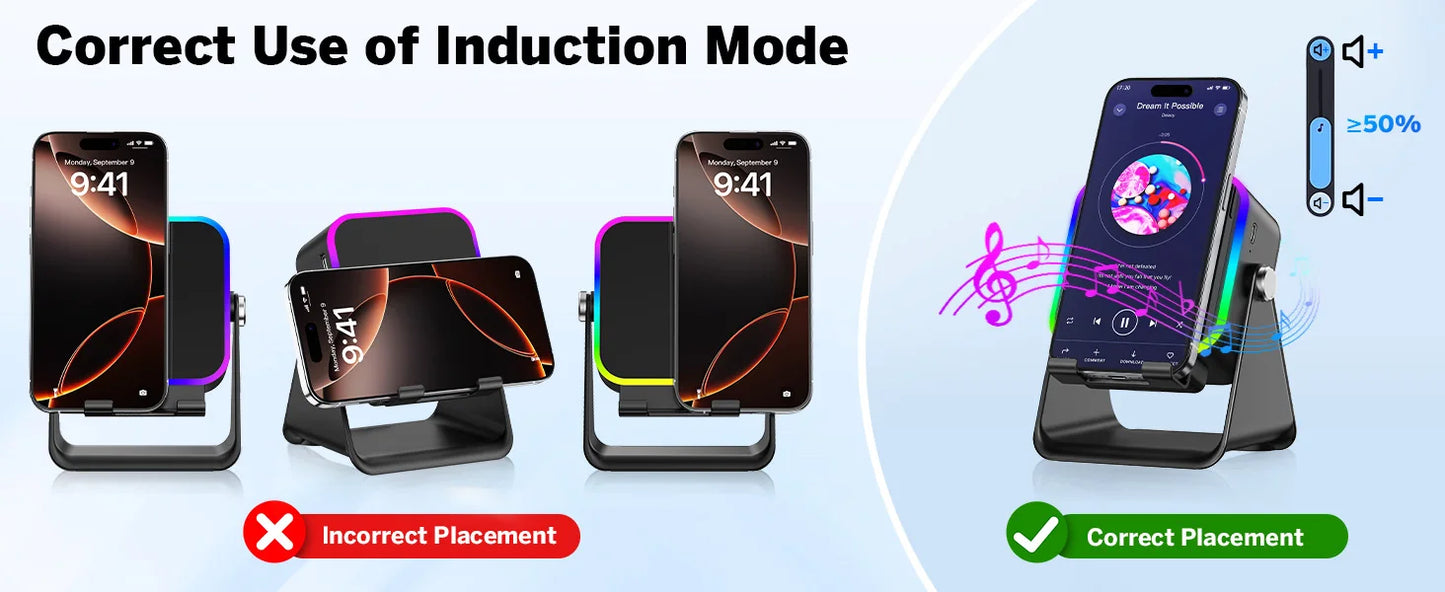 5-in-1 Wireless Charging Speaker Phone Stand with RGB Light and Bluetooth Audio
