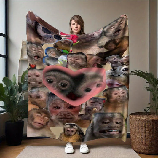 Soft Flannel Blanket - Monkey Face Collage Throw with Expressions, All-Season Cozy Warmth for Couch, Bed, Office
