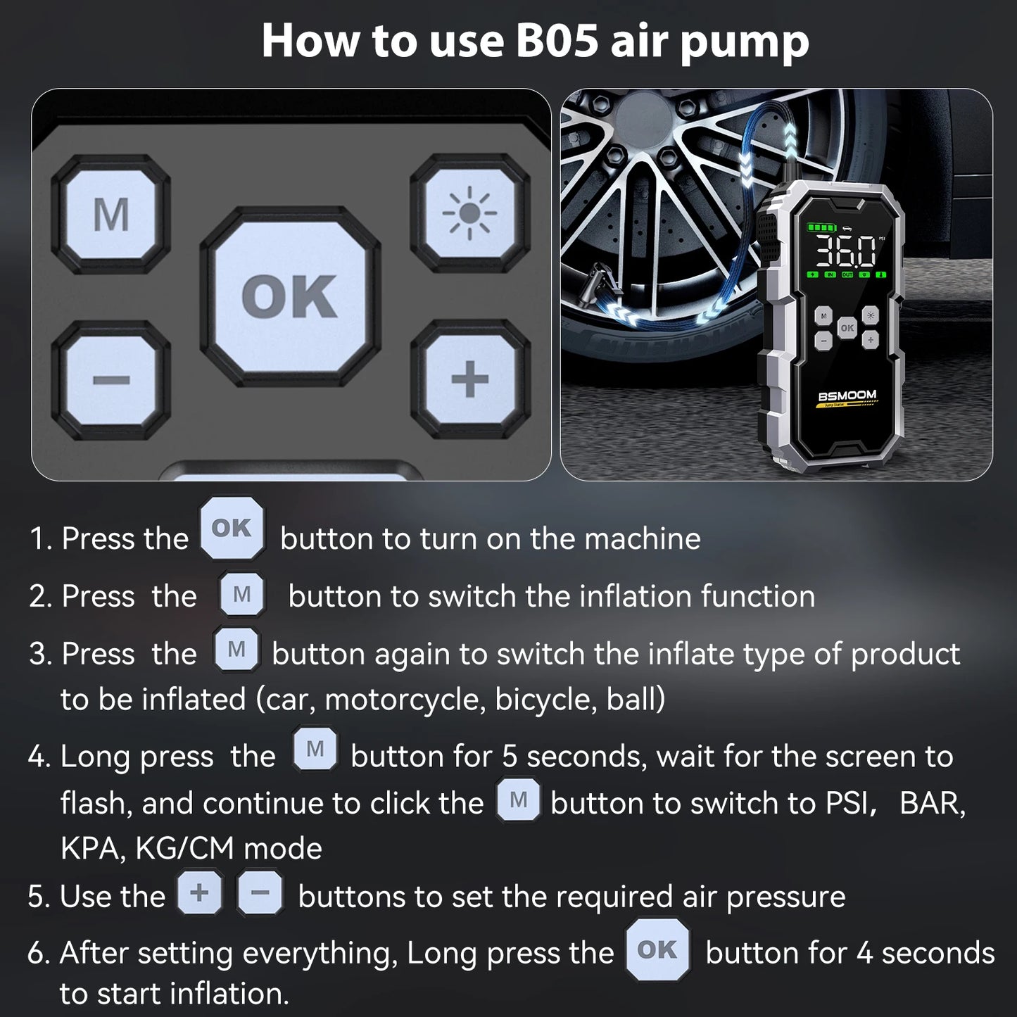 Portable Car Jump Starter with Air Compressor LCD Display 21800mAh Battery Pack