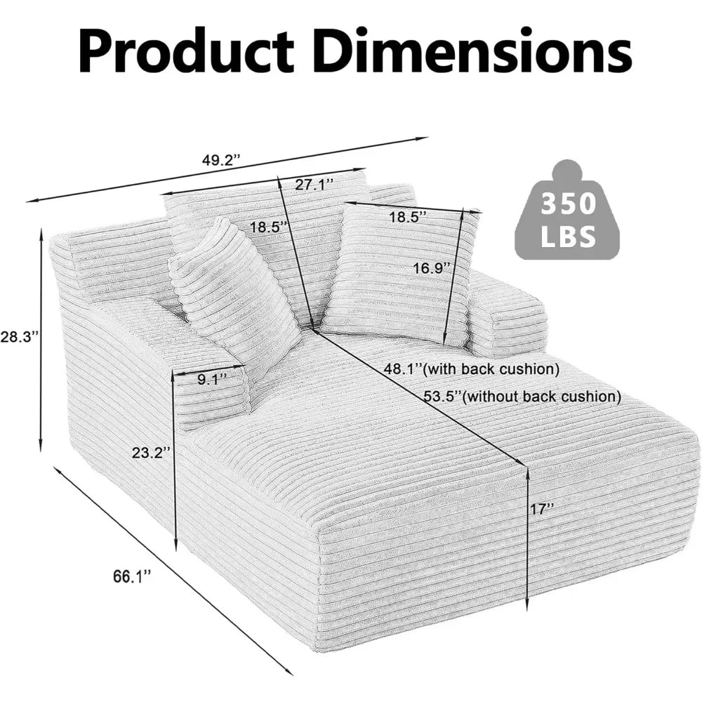 49" Chaise Lounge Indoor, Oversized Chaise Lounge Chair with 3 Comfy Pillows for Living Room Bedroom, Wide Arms Corduroy Fabric