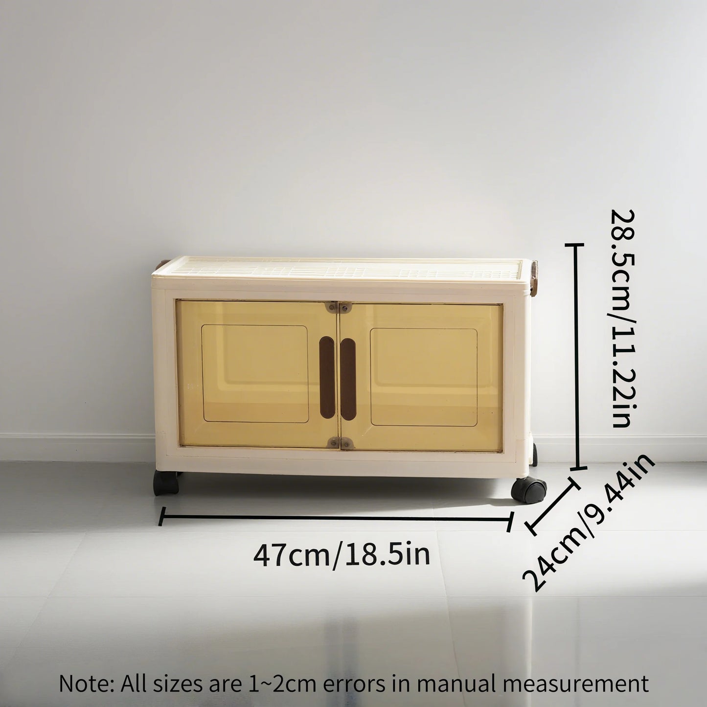 Foldable storage cabinet with stackable storage box, transparent magnetic door + universal wheels + stackable design