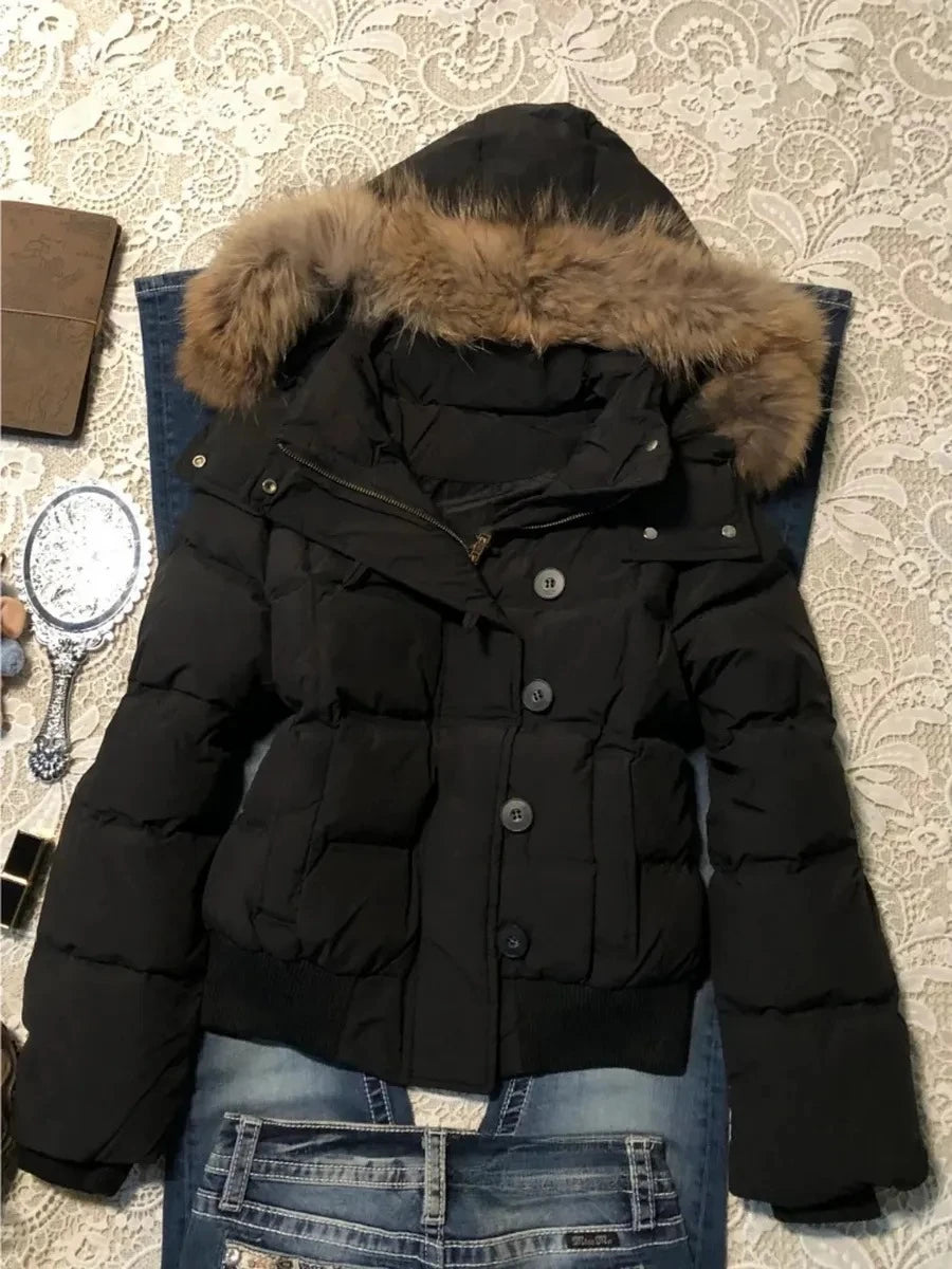 Women's Hooded Faux Fur Trim Winter Parka . Warm Padded Coat with Pockets