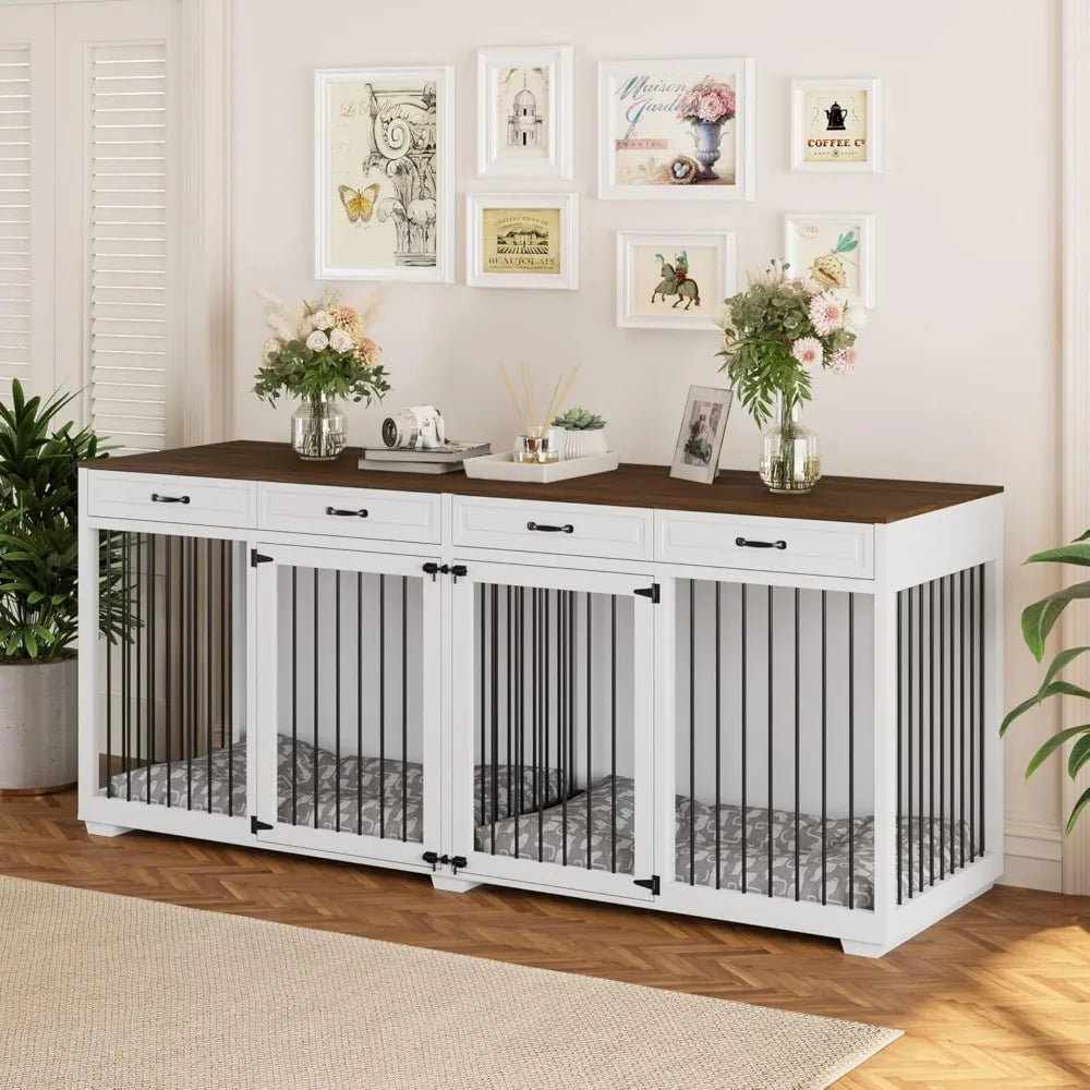 Super Large Dog Crate Furniture, 92.9" Wooden Dog Crate Kennel with 4 Drawers and Divider, XXXL Heavy Duty Dog Crates Cage Furni