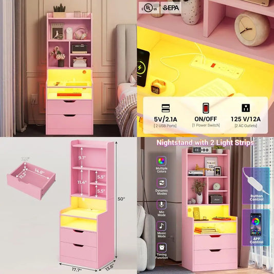 "contemporary tall nightstand with usb charging, led lighting, and storage shelves"