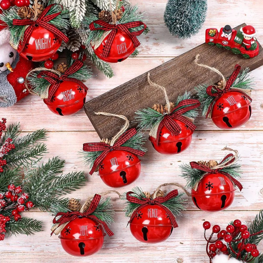 Aoriher 9 Pcs Christmas Bells Ornament 3.1" Rustic Christmas Jingle Bell Sleigh Letter Bells with Pine Cones Plaid Bow for Decor