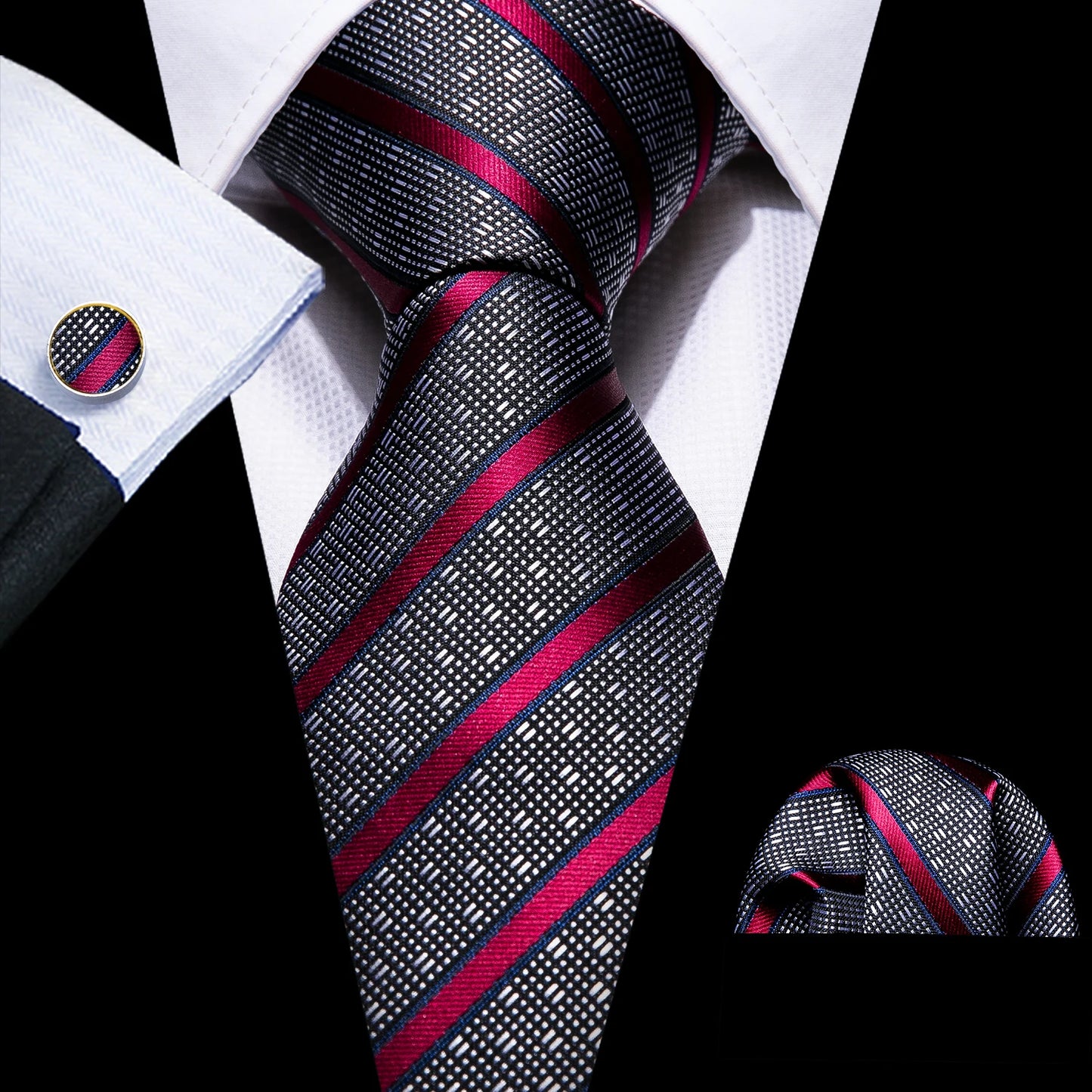 Men’s Luxury Red Striped Necktie Set. Silk Tie, Pocket Square & Cufflinks for Business, Wedding & Formal Wear