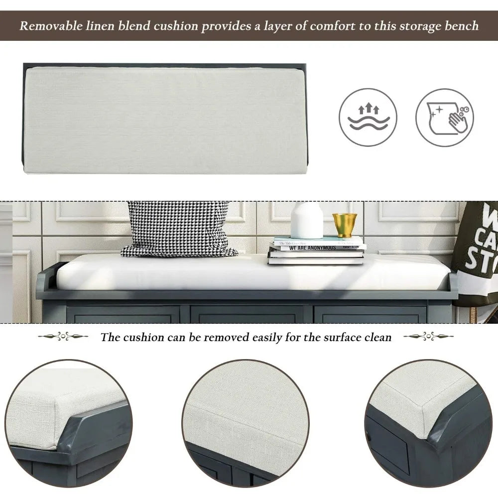 6-Drawer Storage Bench by Knocbel Farmhouse, Ideal for Entryway, Hallway, or Bedroom, with Removable Cushion