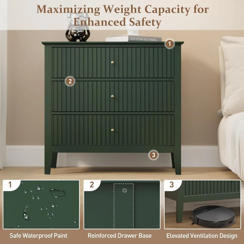 Green Fluted 3 Drawer Dresser, 32 inch Wide Dresser Nightstand for Bedroom, Modern Wood Chest of Drawers, Large Painted Nightst