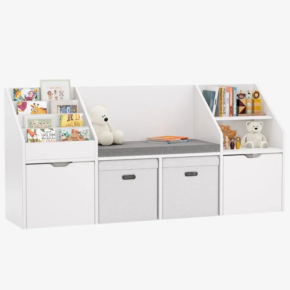 67 Inch Kids Reading Nook With Bench Bookshelf Cube Storage