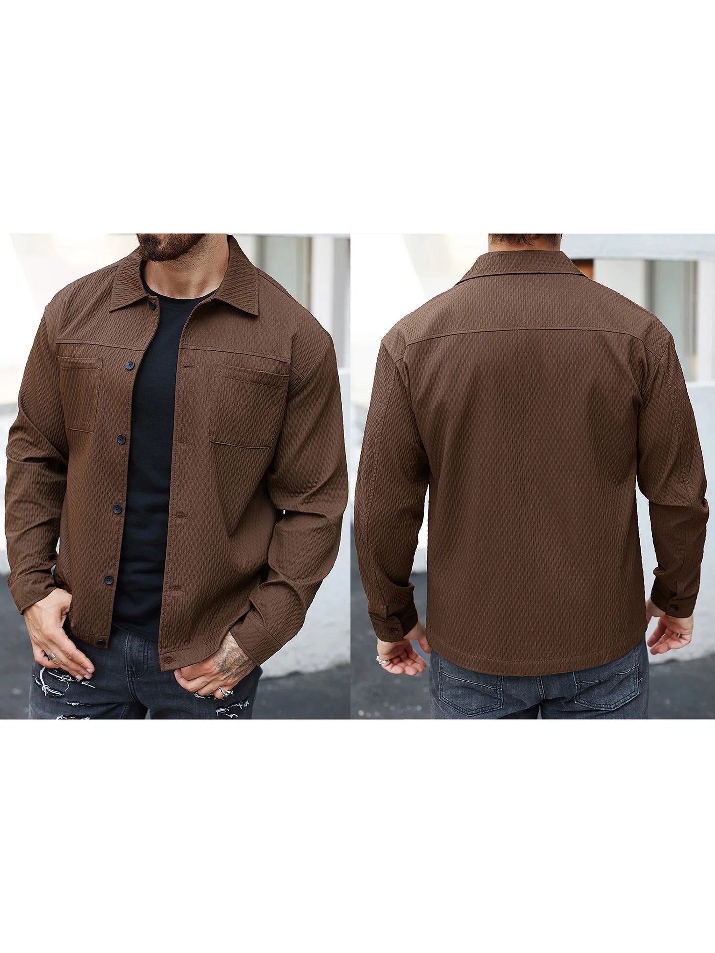 Men s Casual Shirt Jacket Regular Fit Solid Color Long Sleeve Button-up Tops Spring Fall Streetwear Fashion Outwear Coat