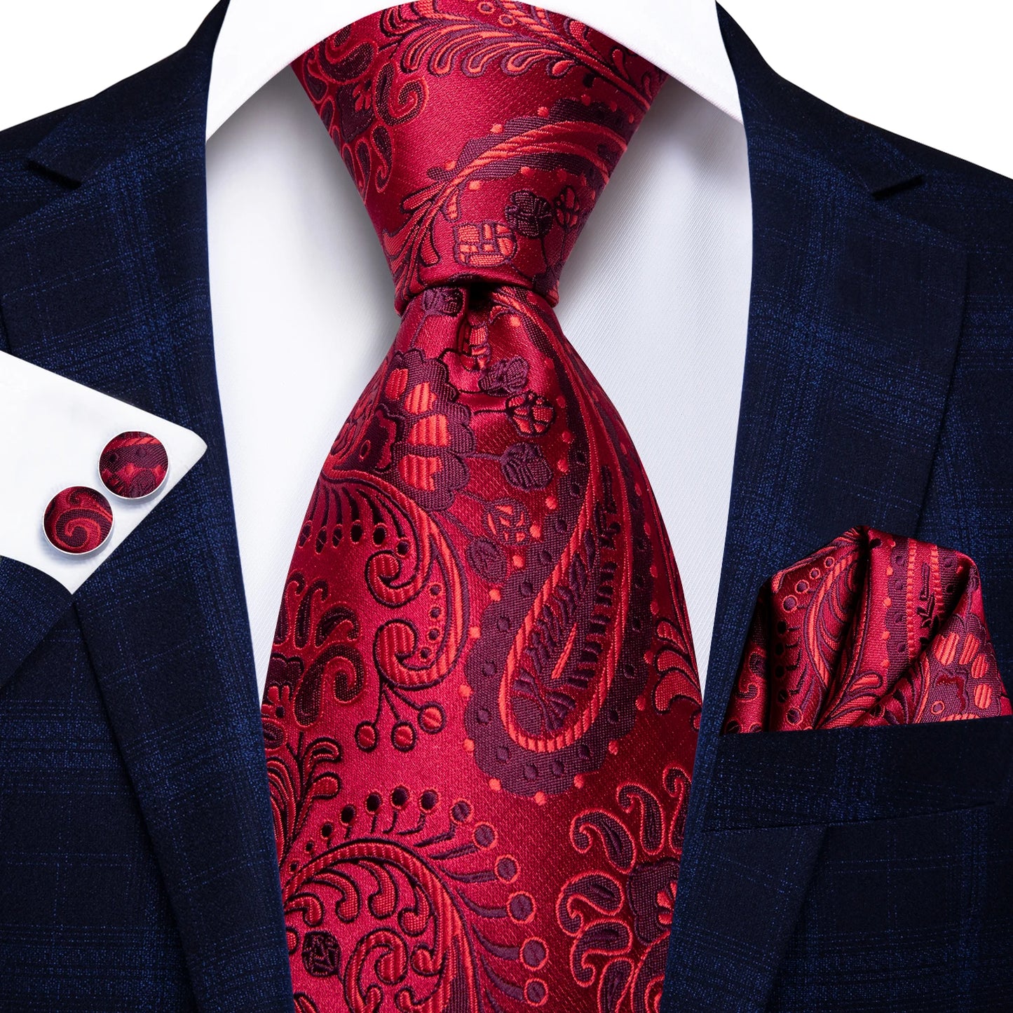 Luxury Burgundy Paisley Men’s Tie Set. Silk Formal Necktie & Pocket Square