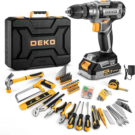DEKO 20V cordless drill kit with battery, men's drill, manual repair, basic toolbox, suitable for household tools