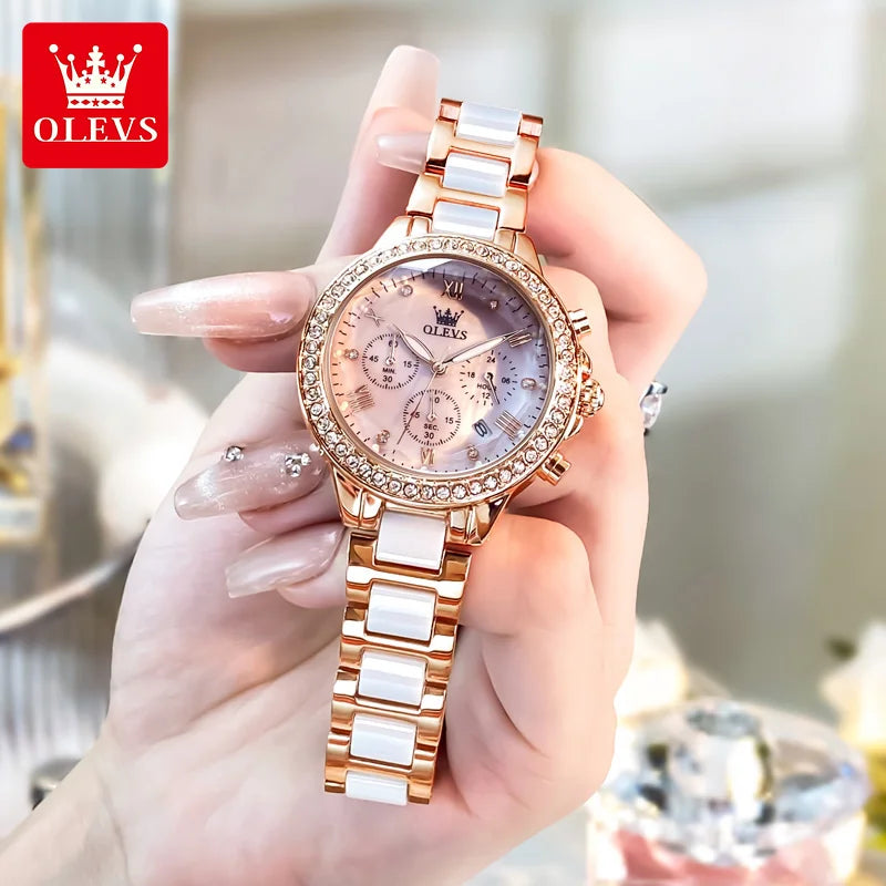 OLEVS Luxury Women’s Waterproof Chronograph Watch. Rose Gold Crystal Fashion Timepiece