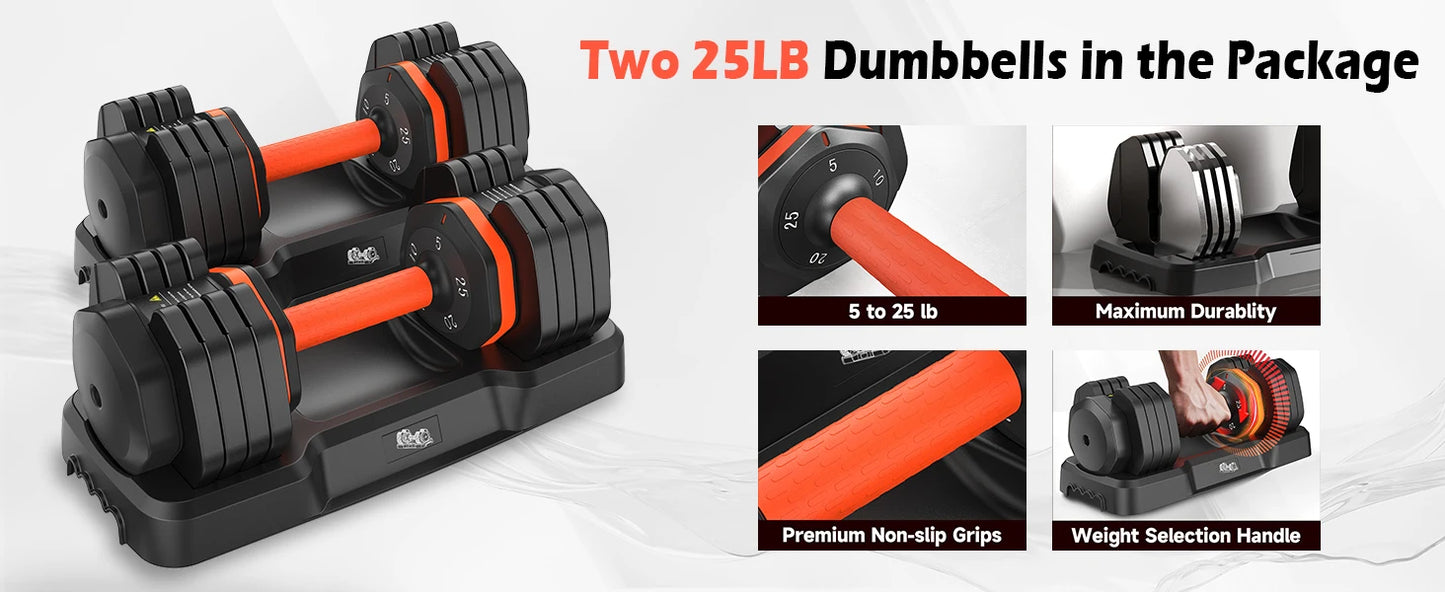 Adjustable Dumbbell Set 5LB–25LB Pair for Home Gym Strength Training