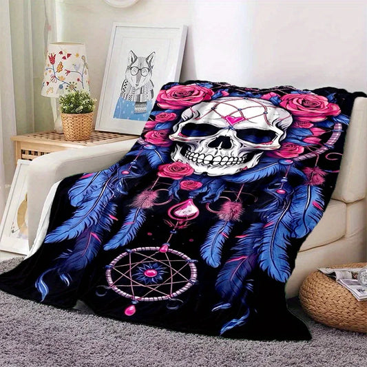1pc Skull Rose Dream Catcher Printed Blanket Is Stylish, Soft and Warm - Perfect for Couches, Couches, Offices, Beds, Outdoor Bl