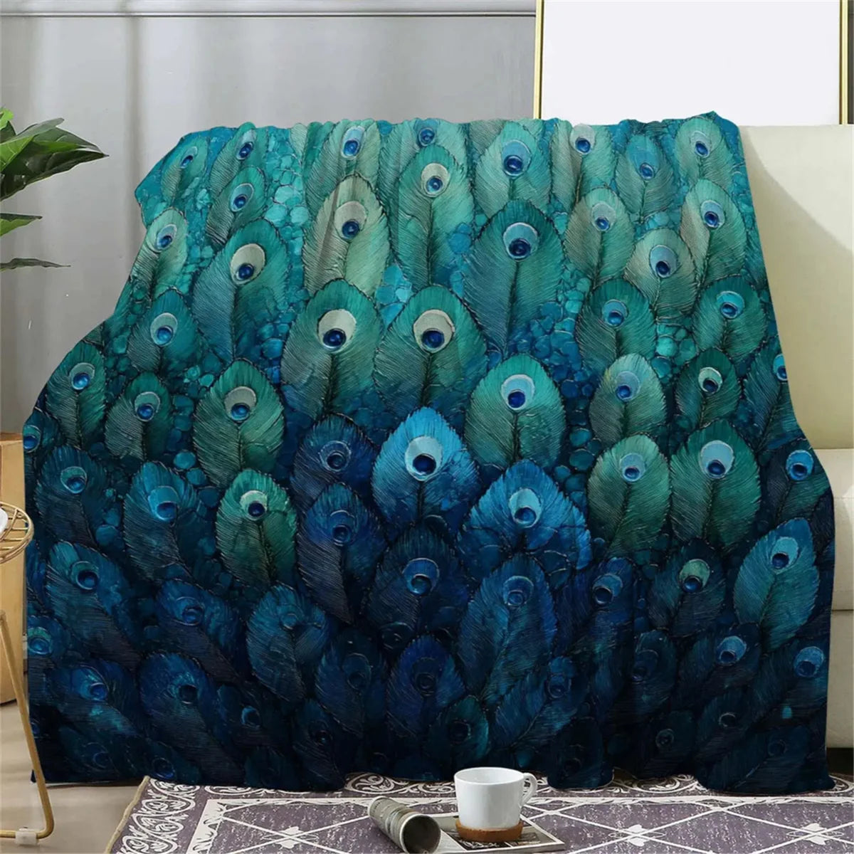 1Pc Custom Name Text Peacock Feather Flannel Blanket Suitable for Living Room Bedroom Dormitorio Office Hotel Decor Perfect Gift