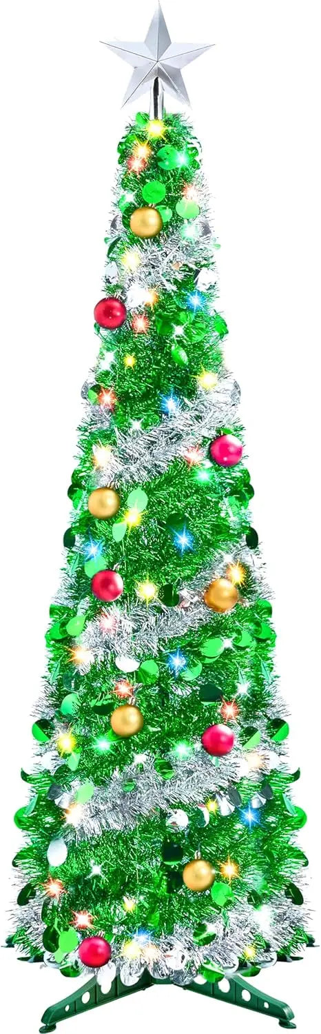 JOYFY 5 FT Pop Up Christmas Green Tree with Lights Collapsible Tinsel Christmas Tree Decorations for Home Holiday Party