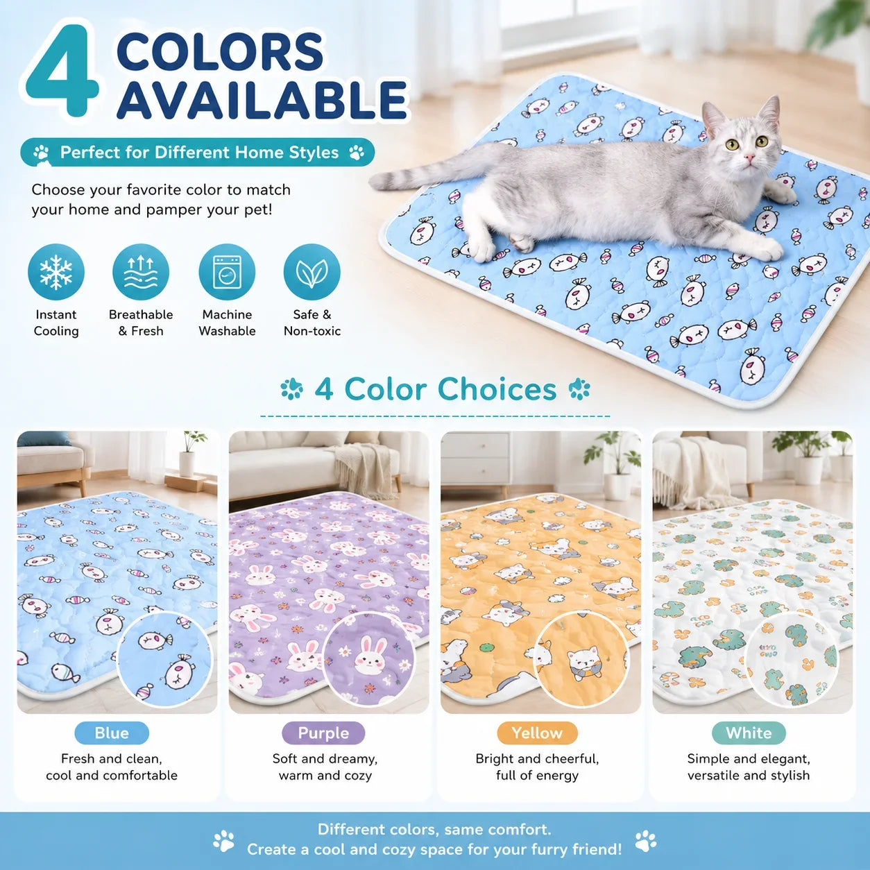 Cute Cartoon Cooling Sleeping Mat for Dogs & Cats. Soft Breathable Summer Pet Bed Pad