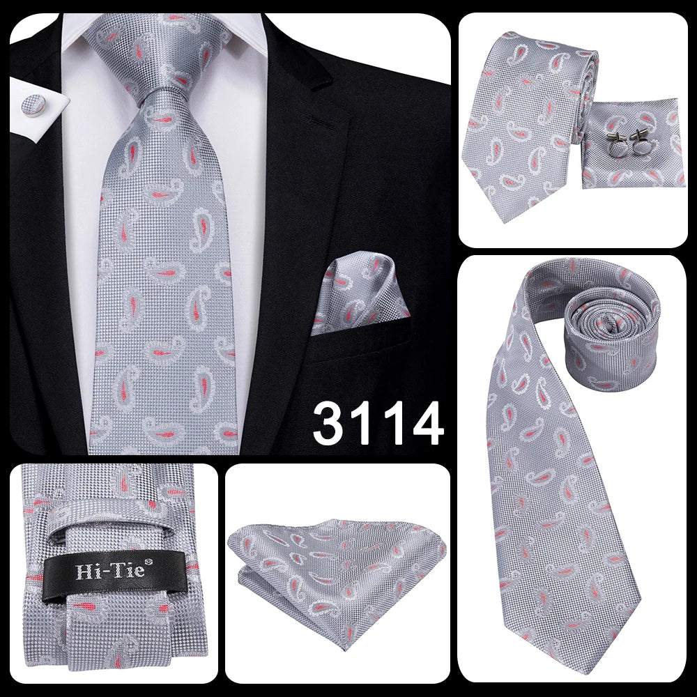 Hi-Tie Luxury Silver Men’s Necktie Set with Pocket Square & Cufflinks | Wedding, Business & Formal Events
