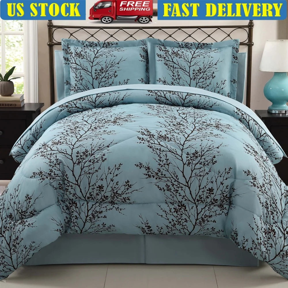 Luxury 7 Piece Blue Floral Comforter Set Stylish Bedding