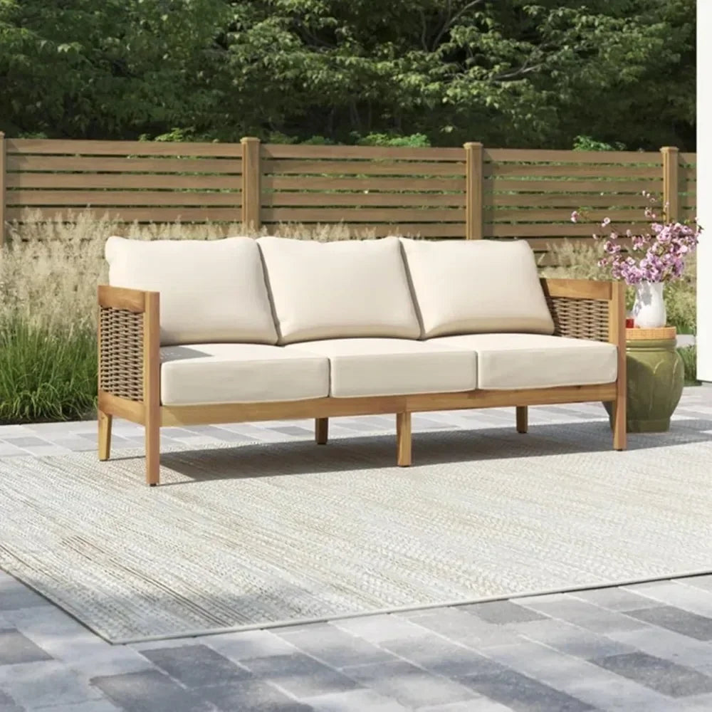 Outdoor Acacia Wood Wicker 3 Seater Patio Sofa Conversation Set
