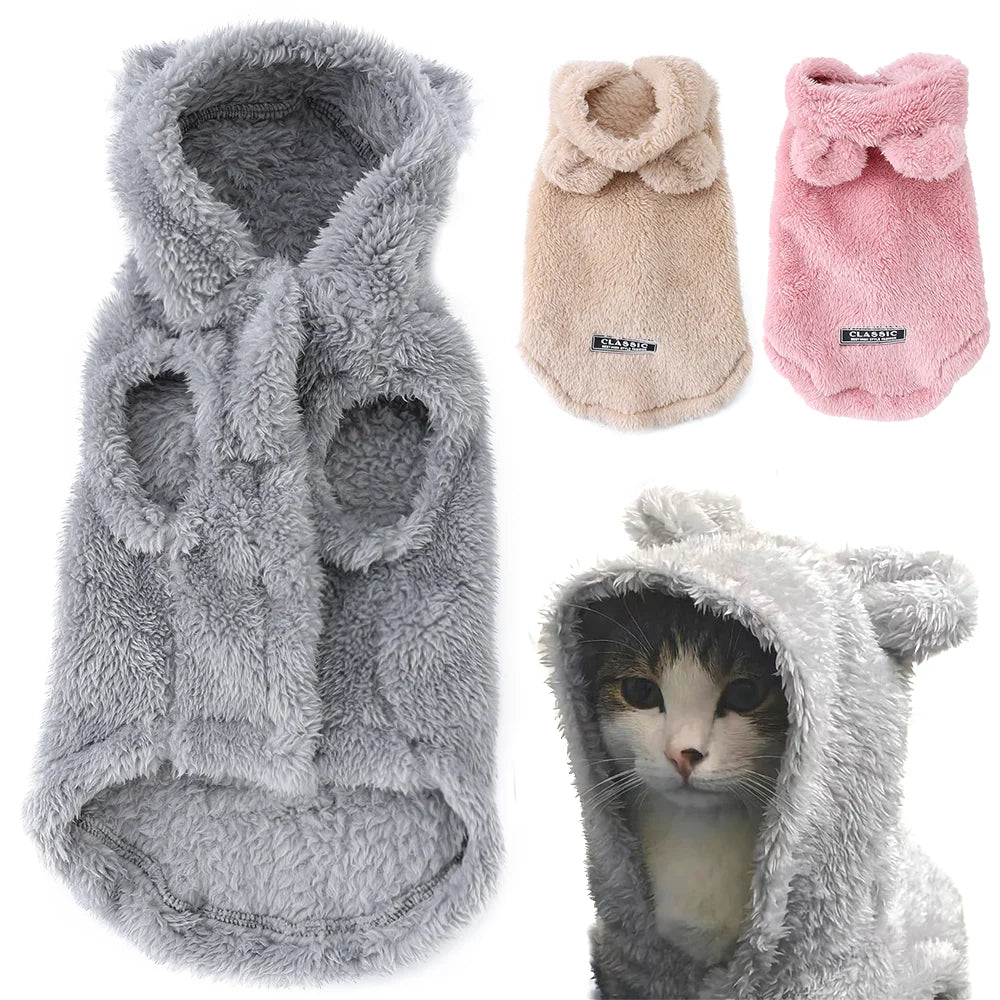 Cute Bear Ear Hooded Pet Sweater. Warm Fleece Puppy & Cat Winter Hoodie