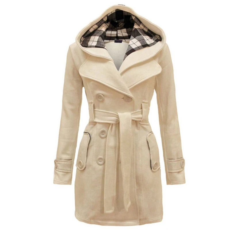 Women's Long Fleece-Lined Hooded Coat. Belted Winter Jacket with Faux Fur Trim