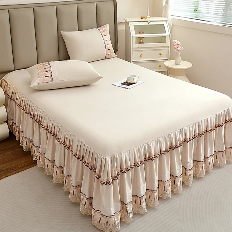 Elegant Solid Color Lace Bed Skirt Set
