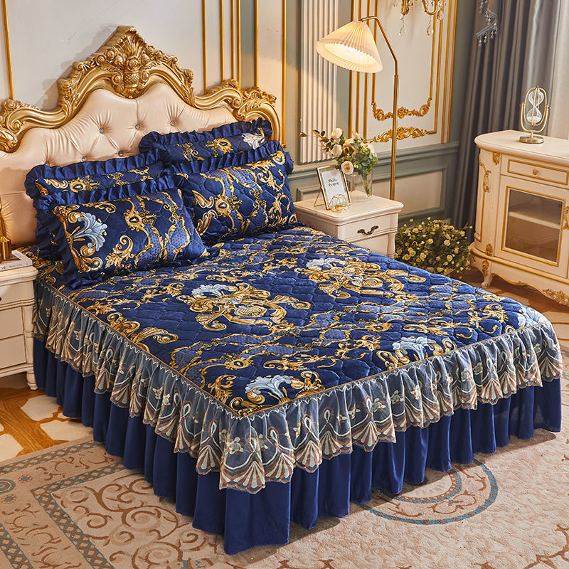 Luxury European Velvet Quilted Bed Skirt Set