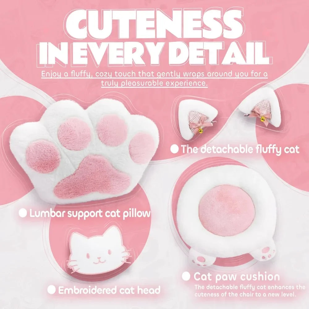 Pink Gaming Chair Cute with Cat Ears Paw Lumbar and Cushion,Ergonomic Computer Chair with Footrest,Reclining PC Game Chair for G