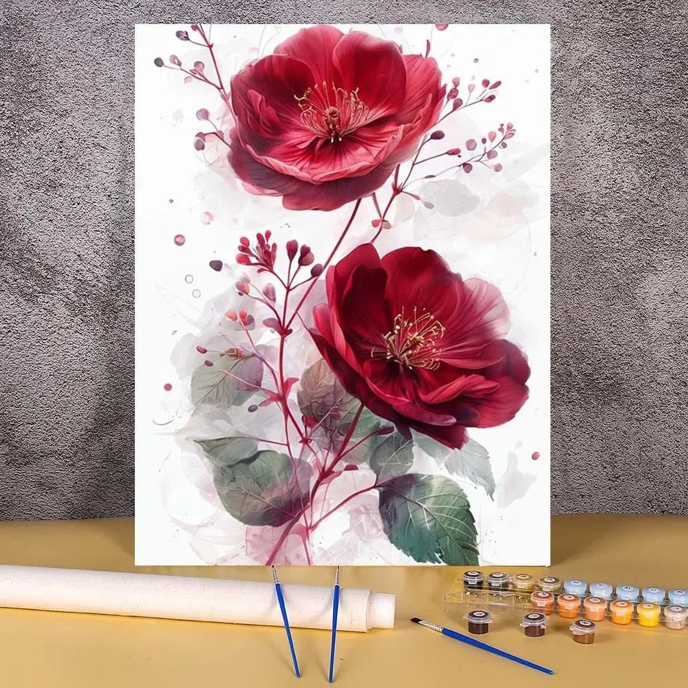 DIY Paint by Numbers Ink & Wash Flower Canvas Kit . Floral Acrylic Painting Set for Adults & Beginners Home Wall Decor Gift
