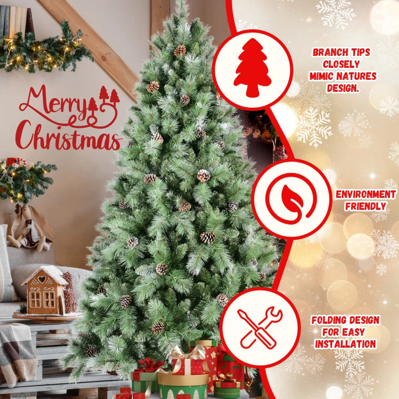 7FT Premium Artificial Christmas Tree with 82 Pine Cones, 1,348 Tips & Mixed PVC/Hard Needle Branches .Luxury Holiday Tree