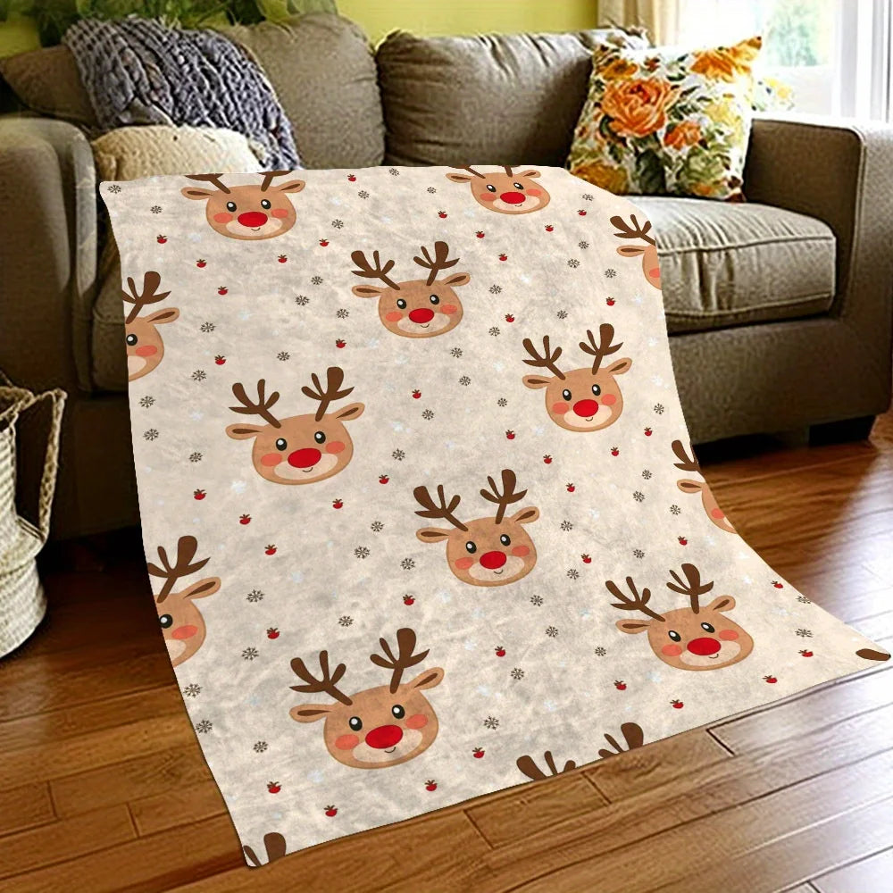 Cozy Christmas Reindeer Print Flannel Throw Blanket – Soft Warm Holiday Blanket for Sofa, Bed & Winter Décor