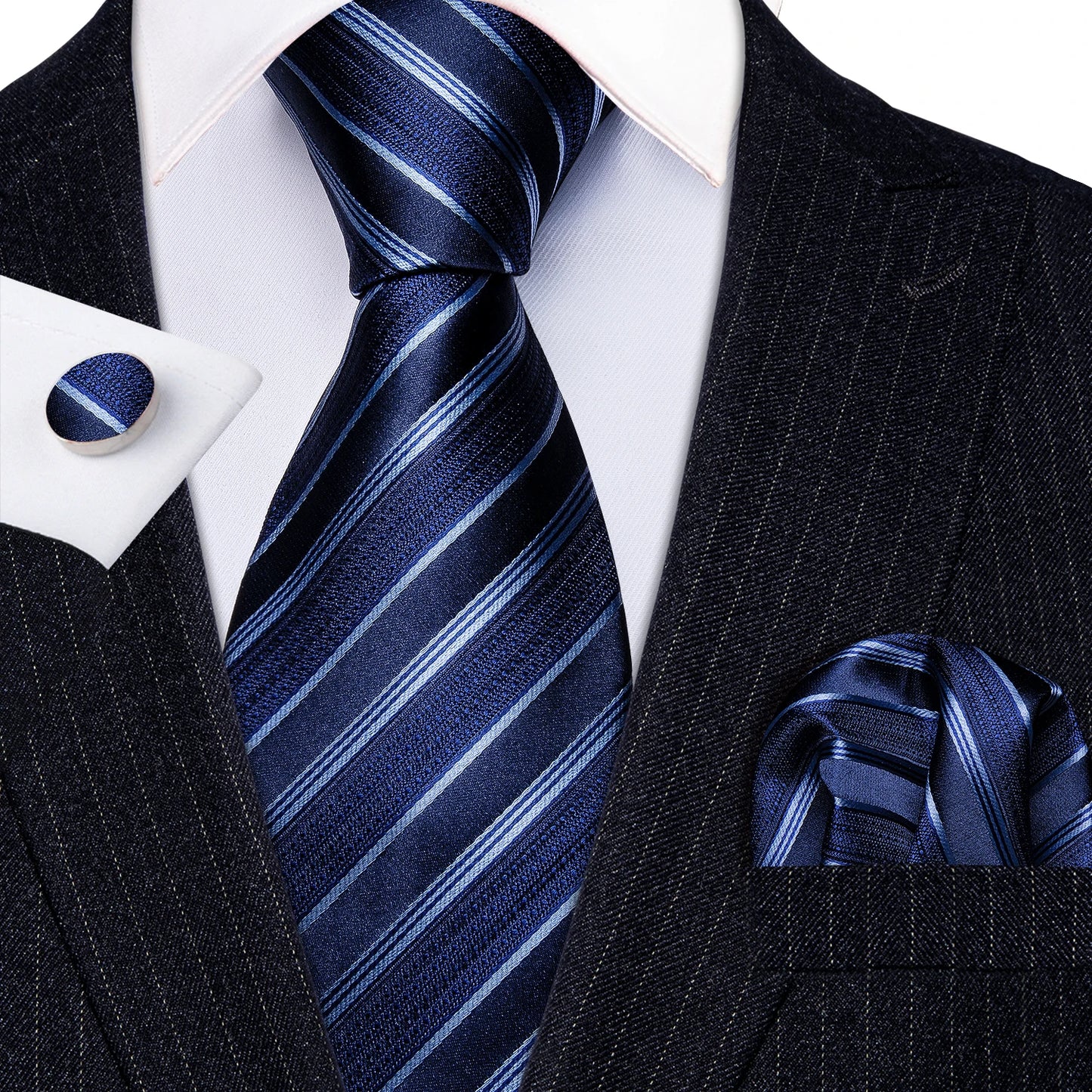 Men’s Luxury Red Striped Necktie Set. Silk Tie, Pocket Square & Cufflinks for Business, Wedding & Formal Wear