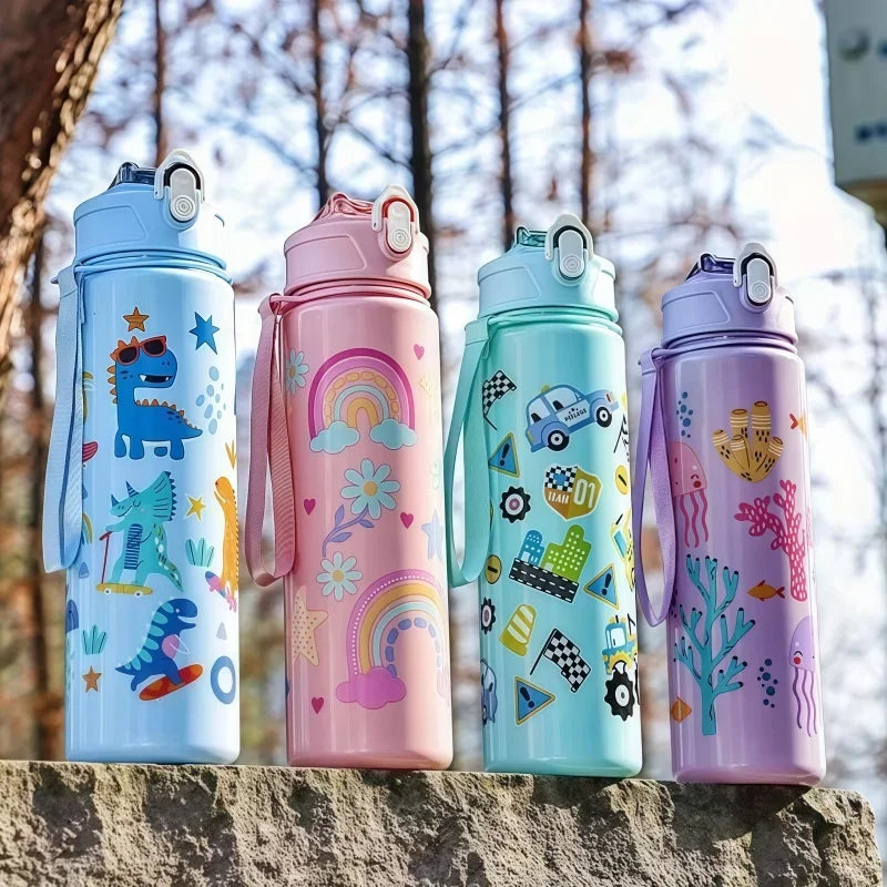750ml Dinosaur Kids Water Bottle with Straw. Leakproof Sports & School Drinking Cup