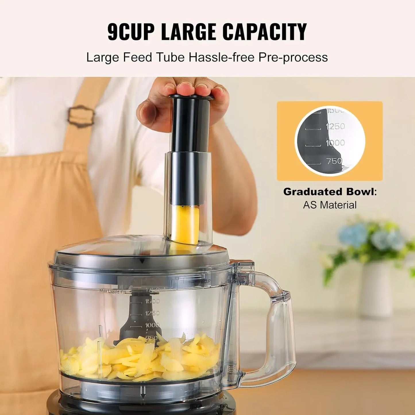 Food Processor, 9-Cup Small Vegetable Chopper, 600W Dual-Speed Electric Meat Processor, 10 Blades & Discs, Built-in Blade