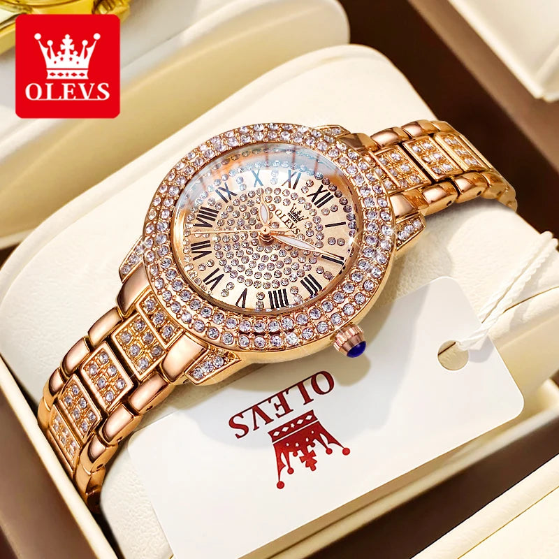 OLEVS Luxury Women’s Waterproof Chronograph Watch. Rose Gold Crystal Fashion Timepiece