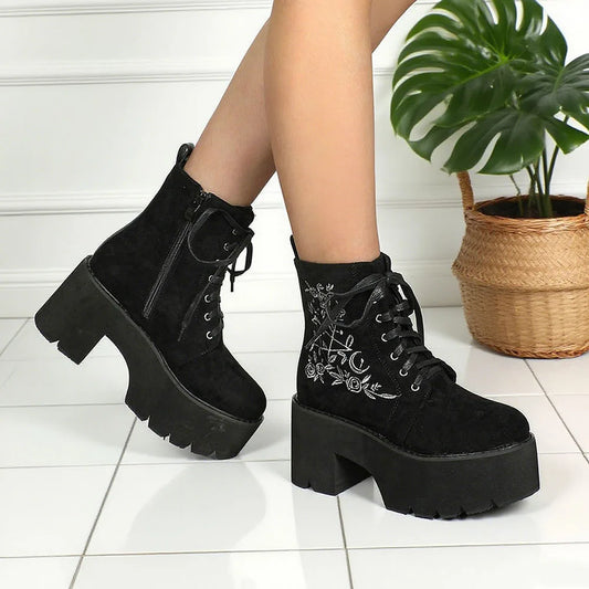 Stylish Goth Motorcycle Women Ankle Boots Embroidered Street Thick Bottom Y2k Chunky High Heels Platform Short Booties Halloween
