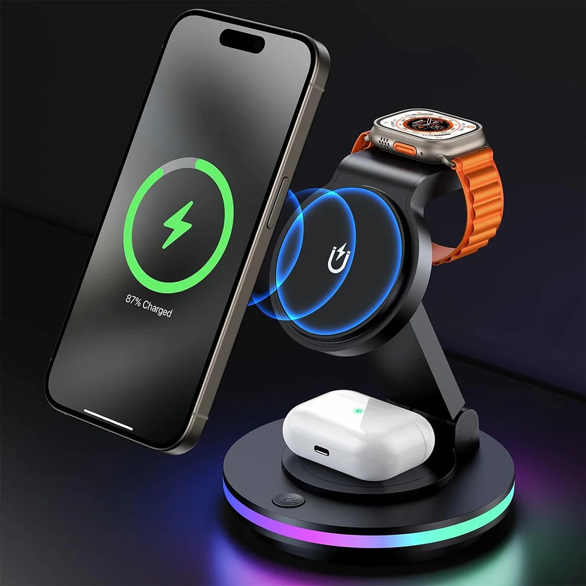 4 in 1 Wireless Charging Station For iPhone 16 15 14 13 12 For MagSafe Magnetic Charger Rotatable Holder Dock With Ambient Light