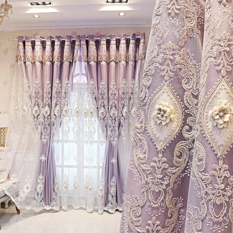 Luxury Embroidered Floral Blackout Curtains. Elegant Vintage Window Panels