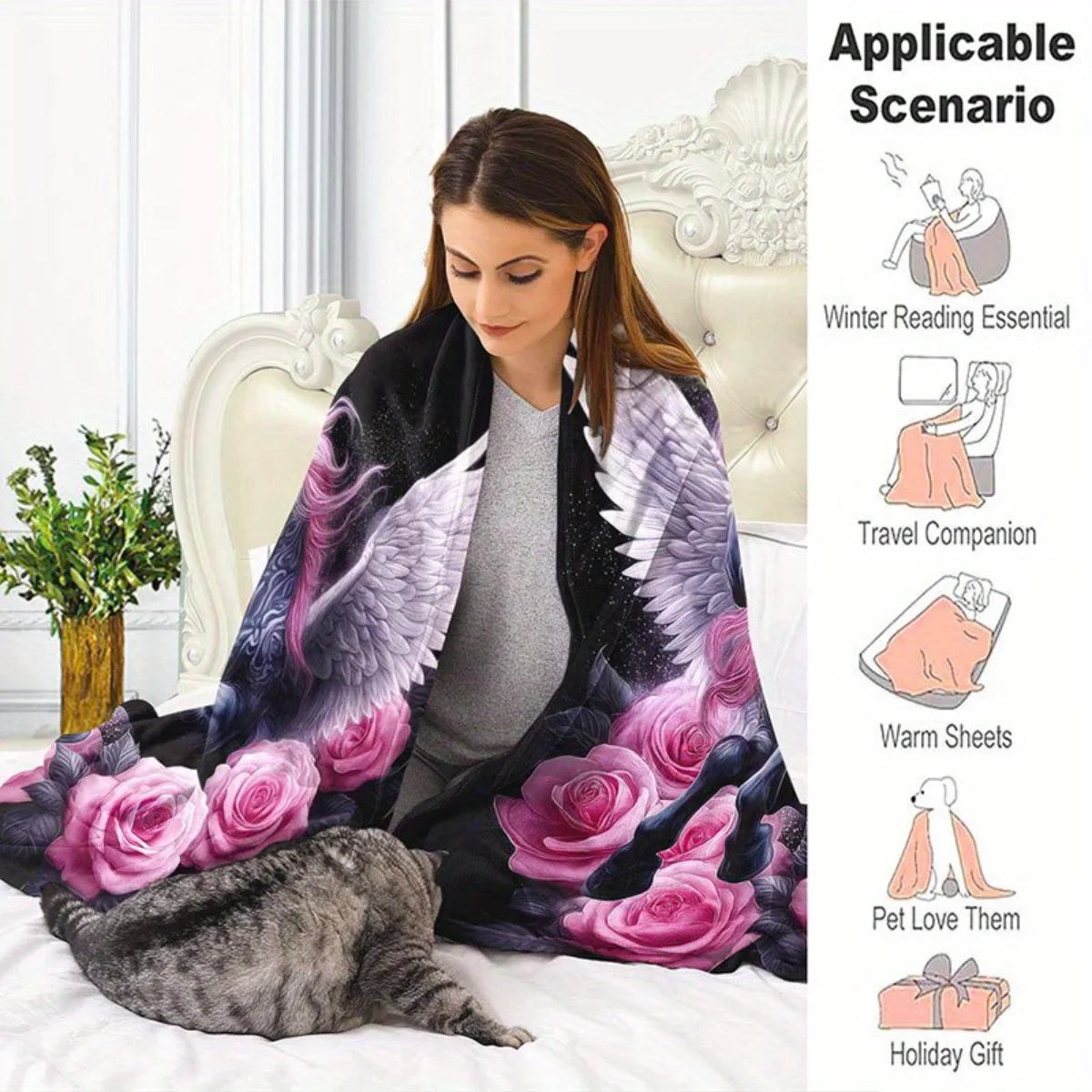 Mystical Pegasus Rose Flannel Blanket.Ultra Soft Cozy Throw for Bed, Sofa & Relaxation