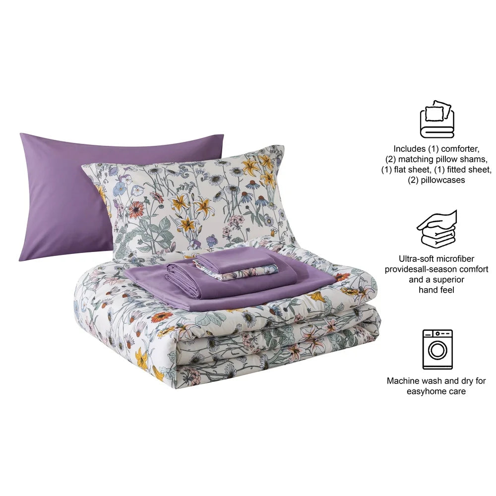 7-Piece Reversible Comforter Set with Sheets Floral Print Soft Polyester King Bedding Includes Pillowcases Shams Storage Bag