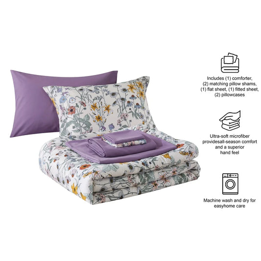 7-Piece Reversible Comforter Set with Sheets Floral Print Soft Polyester King Bedding Includes Pillowcases Shams Storage Bag