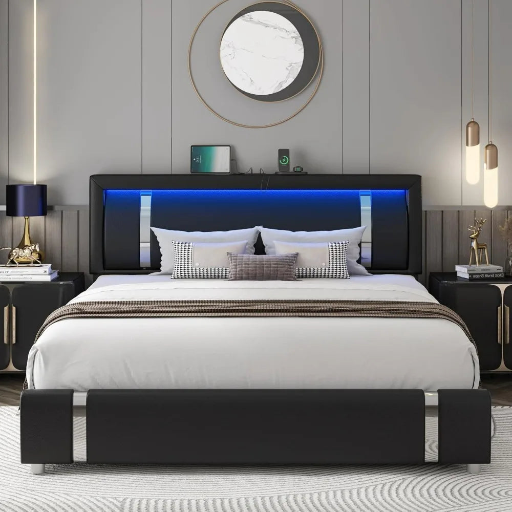 "contemporary rgb led-lit faux leather bed frame with storage drawers and smart platform design"